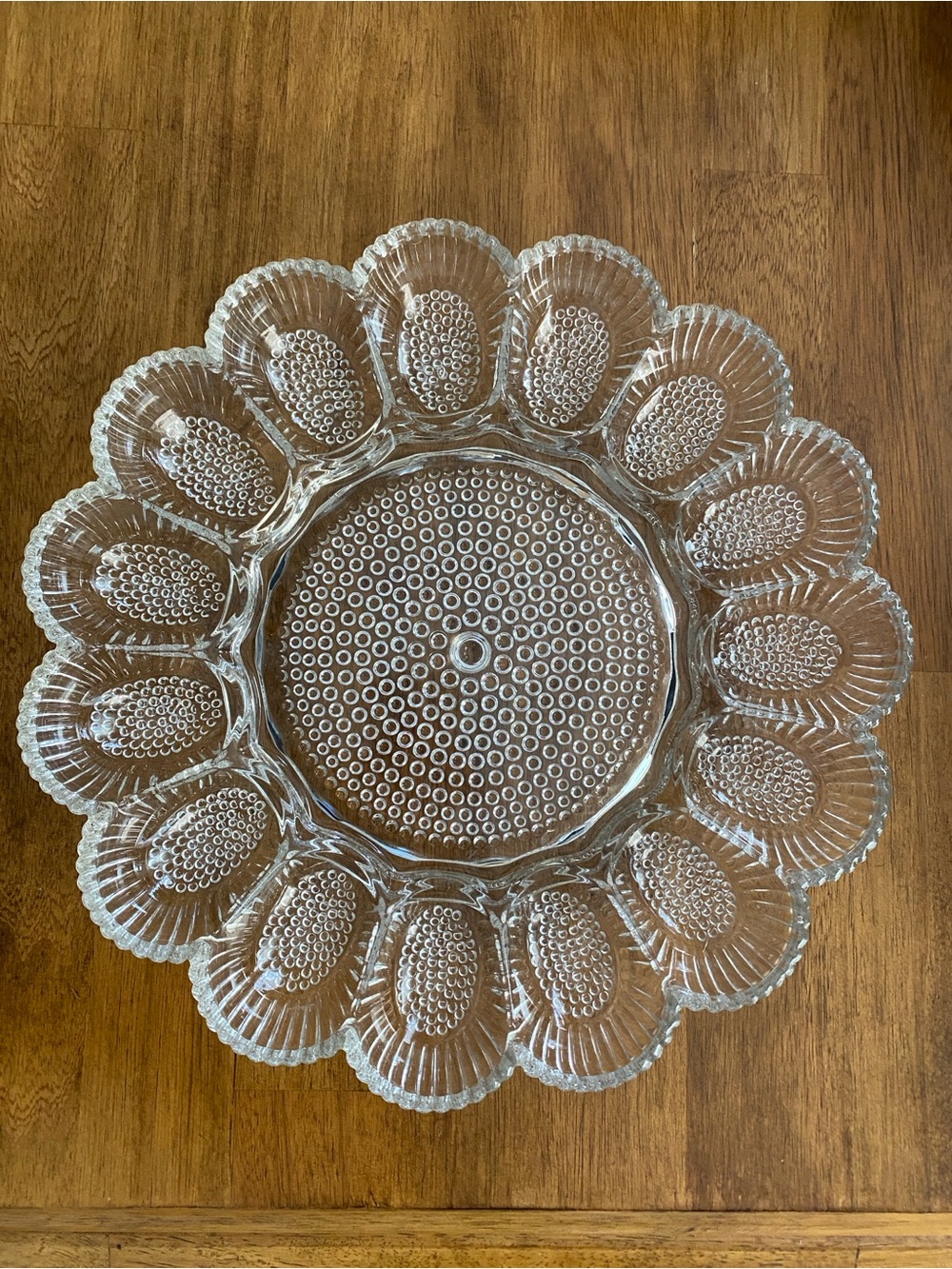 Vintage Indiana Glass Clear Hobnail Deviled Egg Platter Scalloped Edges 11”